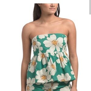 ENDLESS ROSE Green Strapless Peplum Top with White Daisy Print